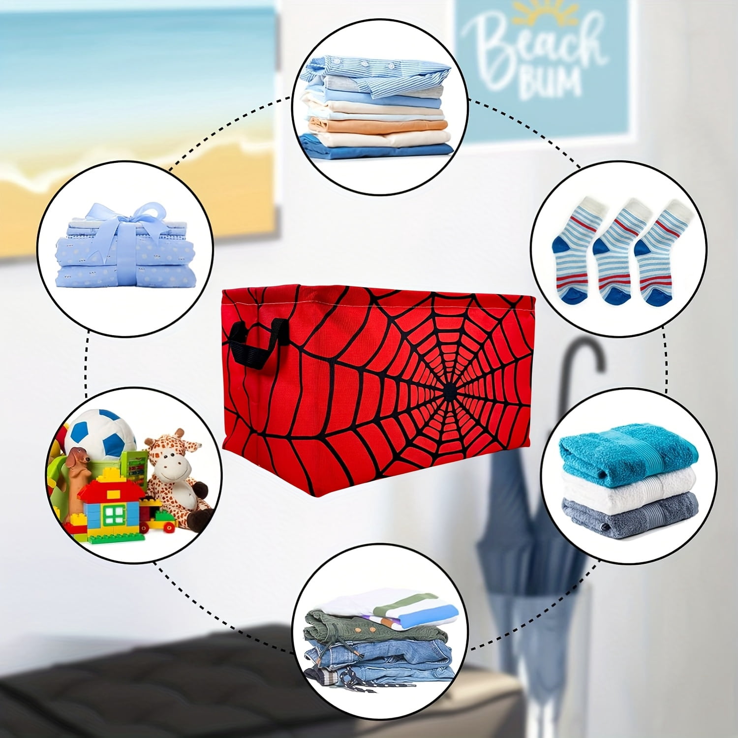 Spider Web Print Red Large Foldable Laundry Basket - Durable Polyester Material, Modern Style Open Design, Multi-functional Storage Basket for Home Use, Easy-grip Handle, Storage Rack Basket