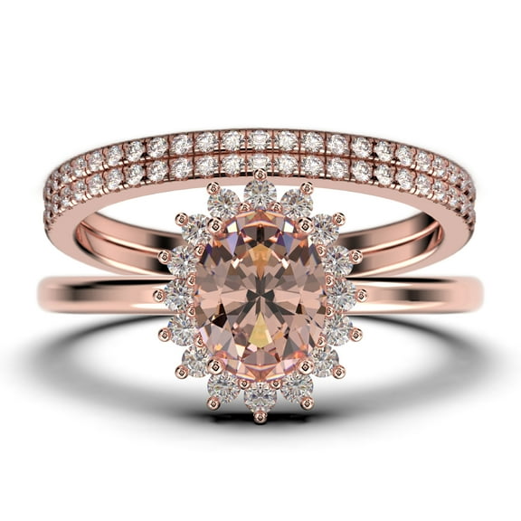 Beautiful Minimalist 2.50 Carat Oval Morganite And Diamond Moissanite Engagement Ring, Halo Wedding Ring, Two Matching Band in 925 Sterling Silver With Plain 18k Rose Gold Plating Band Gift For Her