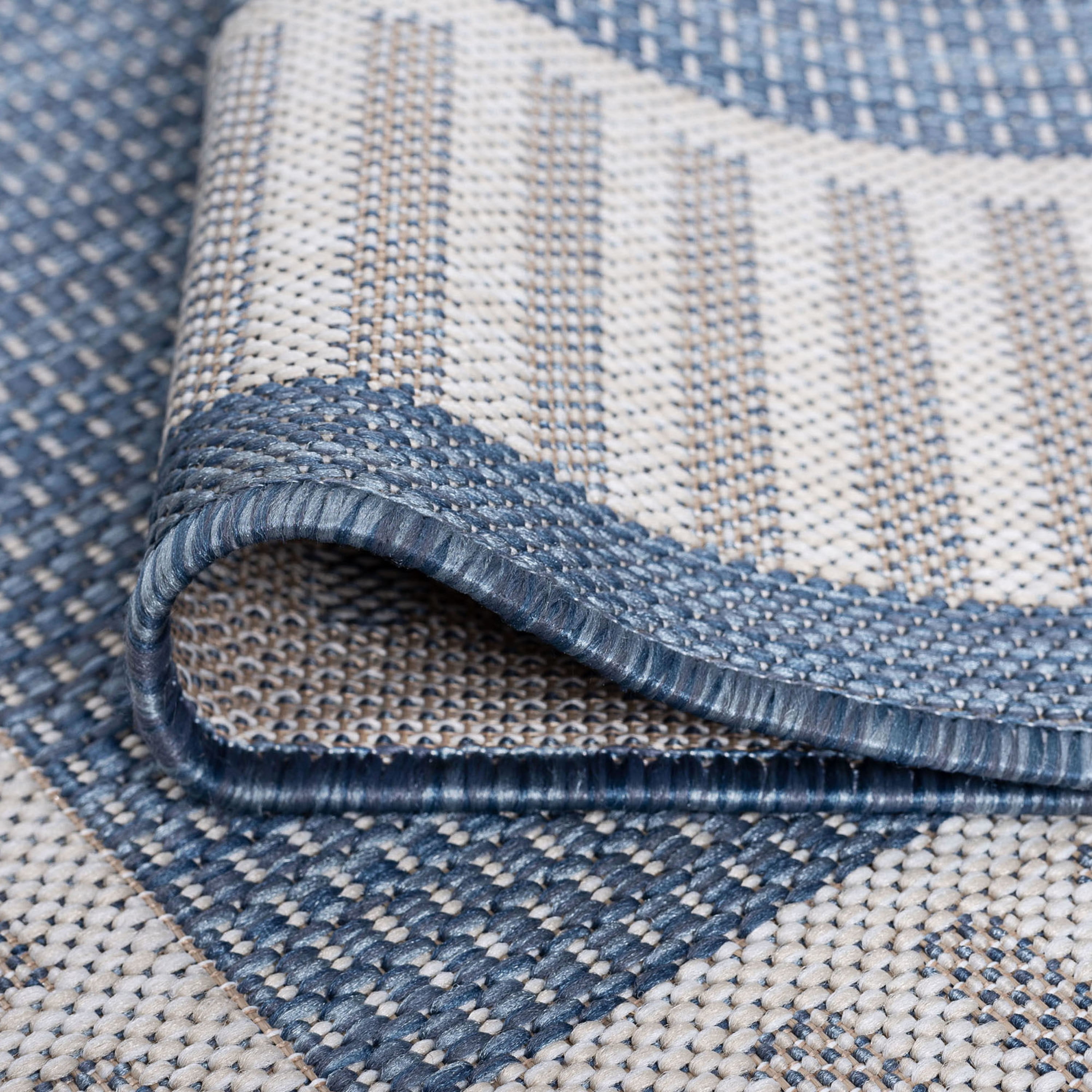 5x8 Water Resistant, Indoor Outdoor Rugs for Patios, Front Door Entry, Entryway, Deck, Porch, Balcony | Outside Area Rug for Patio | Blue, Striped Border | Size: 5'3'' x 7'3''
