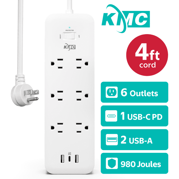 KMC Surge Strip 6-Outlet USB-C PD Surge Protector Power Strip, Flat Plug, 4 ft Extension Cord, White