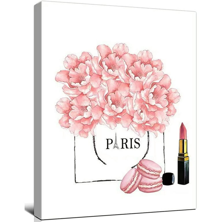 Paris Decor for Bedroom Pink Wall Art Rose Lipstick Fashion Wall Pictures  For Girls Bedroom Living Room Decor Pink Bathroom Decor 