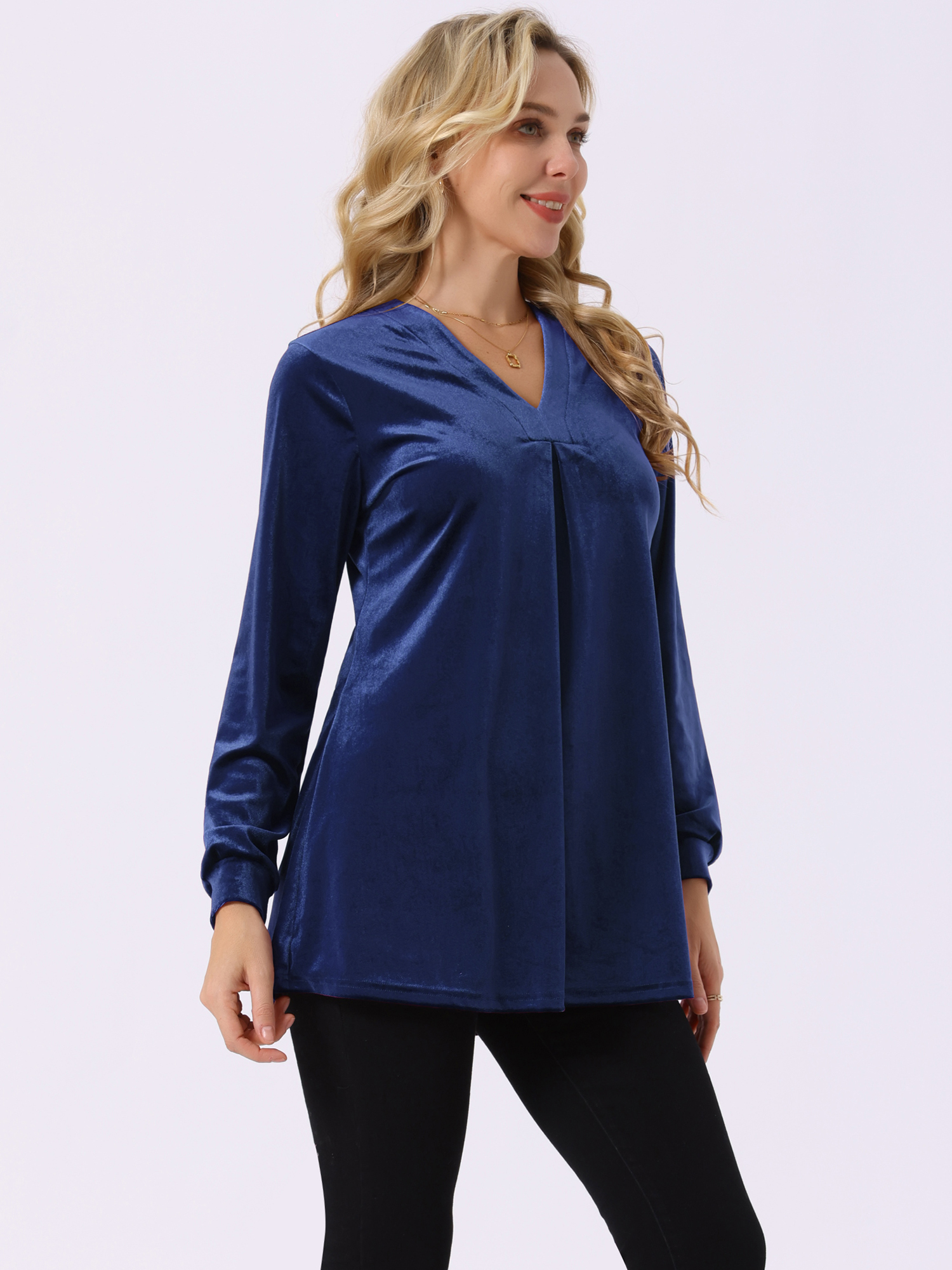 DARING DIVA Women's Velvet Top V Neck Long Sleeves Loose Blouse L Dark Blue