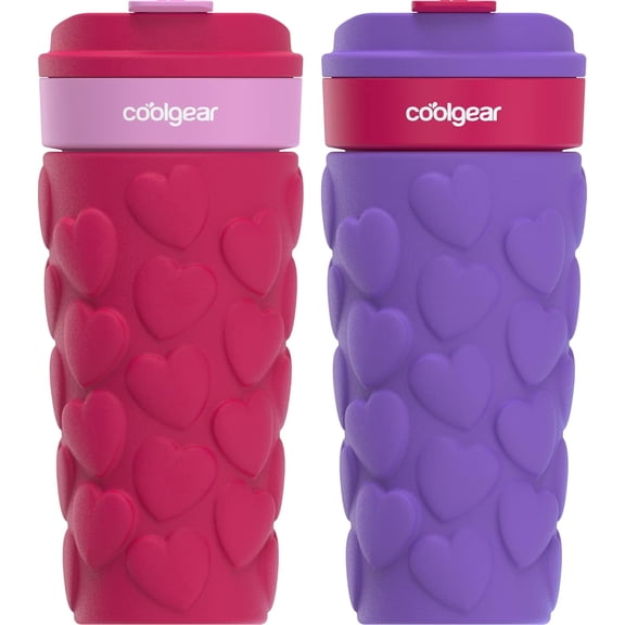 COOL GEAR 20oz Go Grip Coffee Mug, Valentine’s Day Heart Pattern Reusable Travel Mug, BPA Free Lid, Hot and Cold Beverages 2 Pack - PURPLE/RED