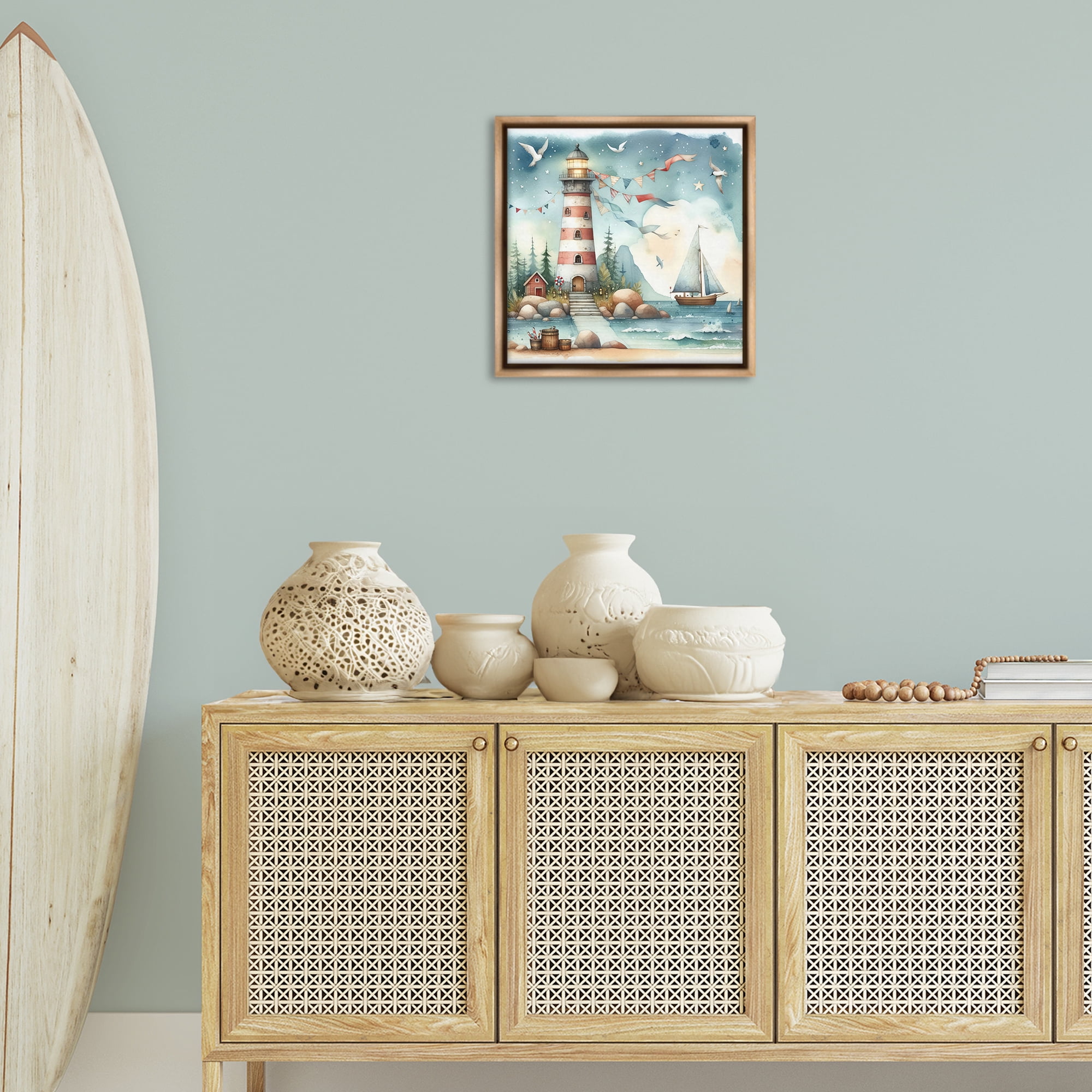 Stupell Industries Whimsical Lighthouse & Birds Nautical & Beach Painting Brown Floater Framed Canvas Art Print Wall Art, 18 x 18