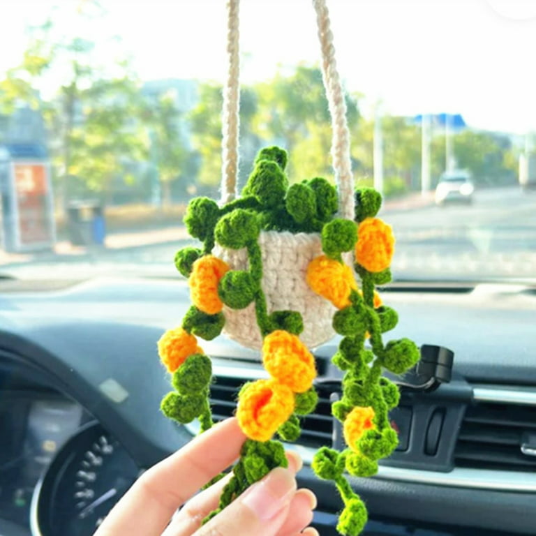 LICHENGTAI Cute Car Crochet Hanging Plant Knitted Plant Car Mirror Hanger Car  Interior Rear View Mirror Hanging Accessories Decoration Ornament Type 6 