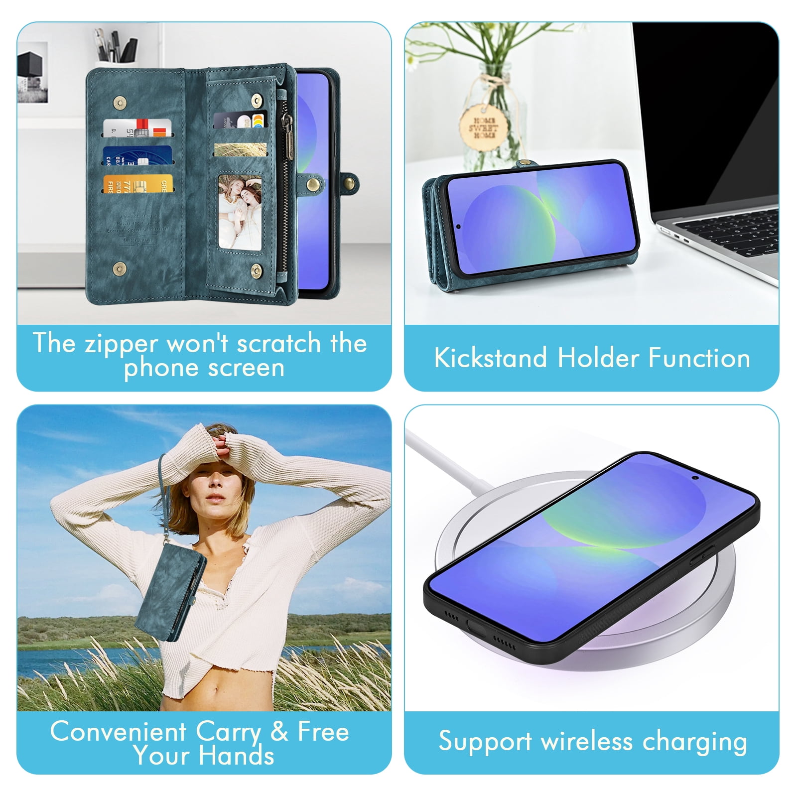 Asuwish Phone Case for Samsung Galaxy A36 5G Zipper Wallet Detachable Cell Cover with Tempered Glass Screen Protector Crossbody Lanyard Strap Flip Card Holder A 36 36A LTE SM-A366U Women Girls Blue