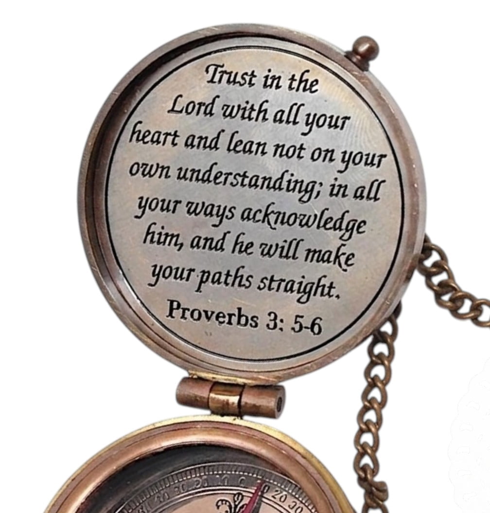 Engraved Brass Pocket Compass with Leather Case - Proverbs 3:5-6 Scripture Religious Gift - Working Nautical Compass for Men, Boys, Baptism, Confirmation, Graduation - Christian Keepsake