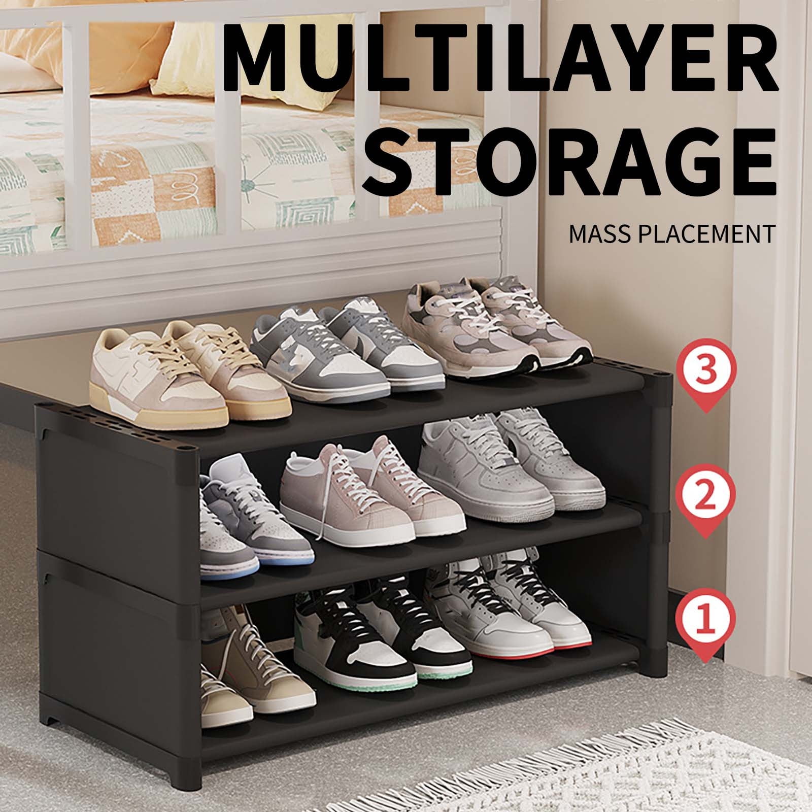 XiYing Under-Bed Shoe Rack, 3-Tier Storage Organizer for Dorm Room, Sturdy Plastic, Space-Saving for Tight Spaces, 56.5" X 30" X 38", 1-Pack