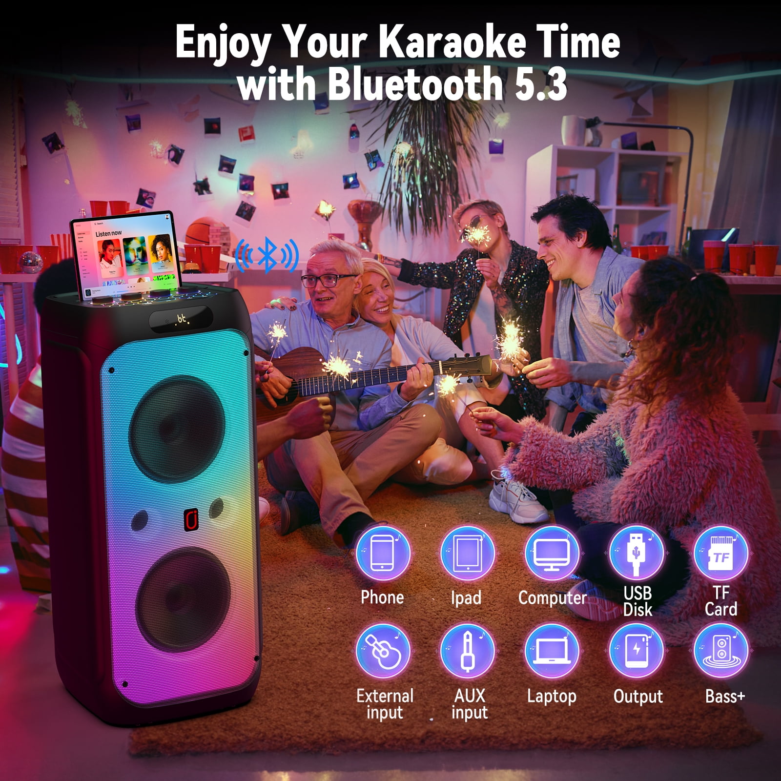 JYX Party Speaker, 80W Powerful Large Bluetooth Speaker with 2 Mics,  Deep Bass Stereo PA System with Remote Control
