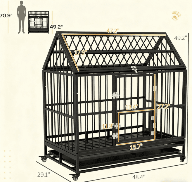 Heavy Duty Dog Crate with 4 Lockable Wheels, Double Doors, and Removable Tray, Black