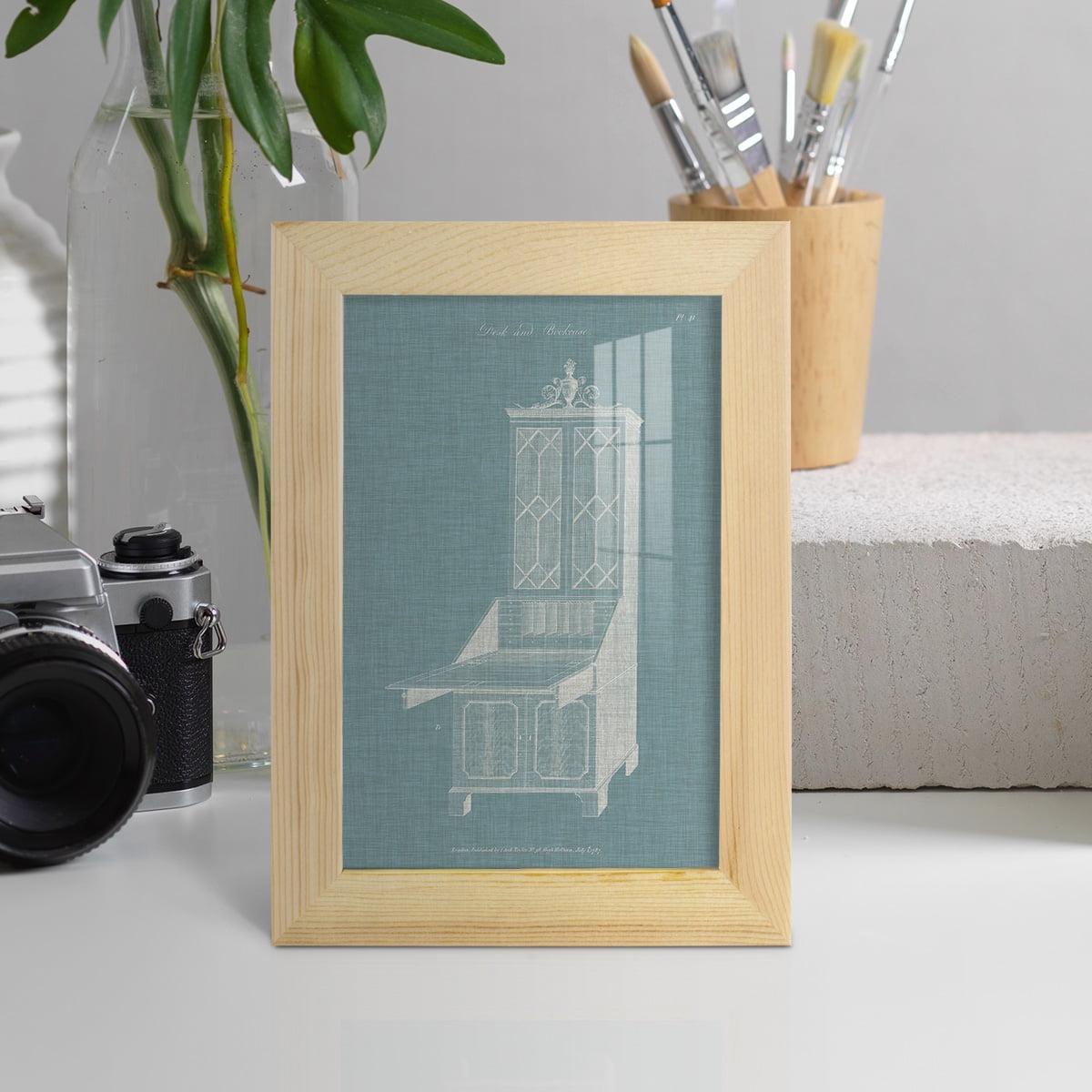 Hepplewhite Desk & Bookcase IV - Framed Print w/glass - Natural Wood