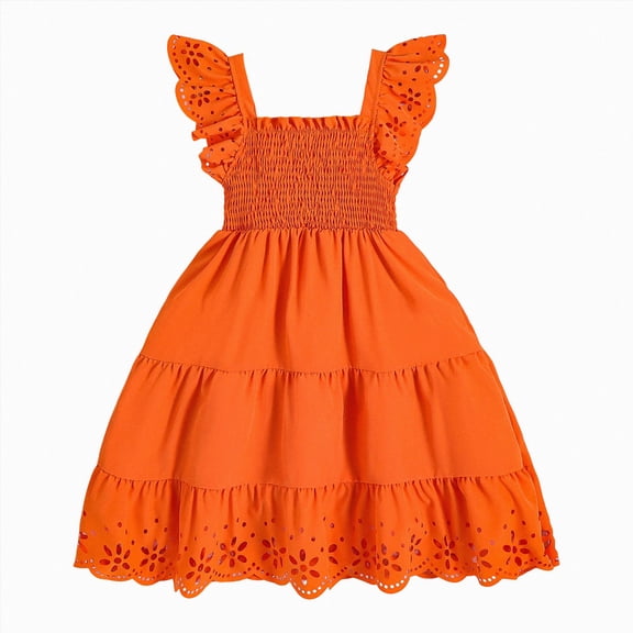 Splozh Girls Summer Dress Toddler Girls Dress Ruffle Hem Smocked Flying Sleeve Dresses Summer Beach Sundress 5-6 Years,Orange