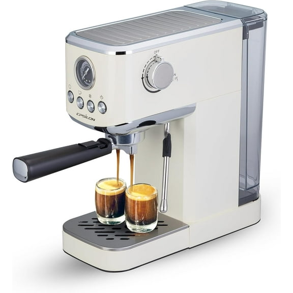 Epsilon Coffee Machine with Milk Frother, Compact 20-Bar Espresso Maker, Hot and Iced Coffee Maker with Removable Water Tank, Cold Brew Feature, and Steam Wand, 1.2L Capacity - Stainless Steel