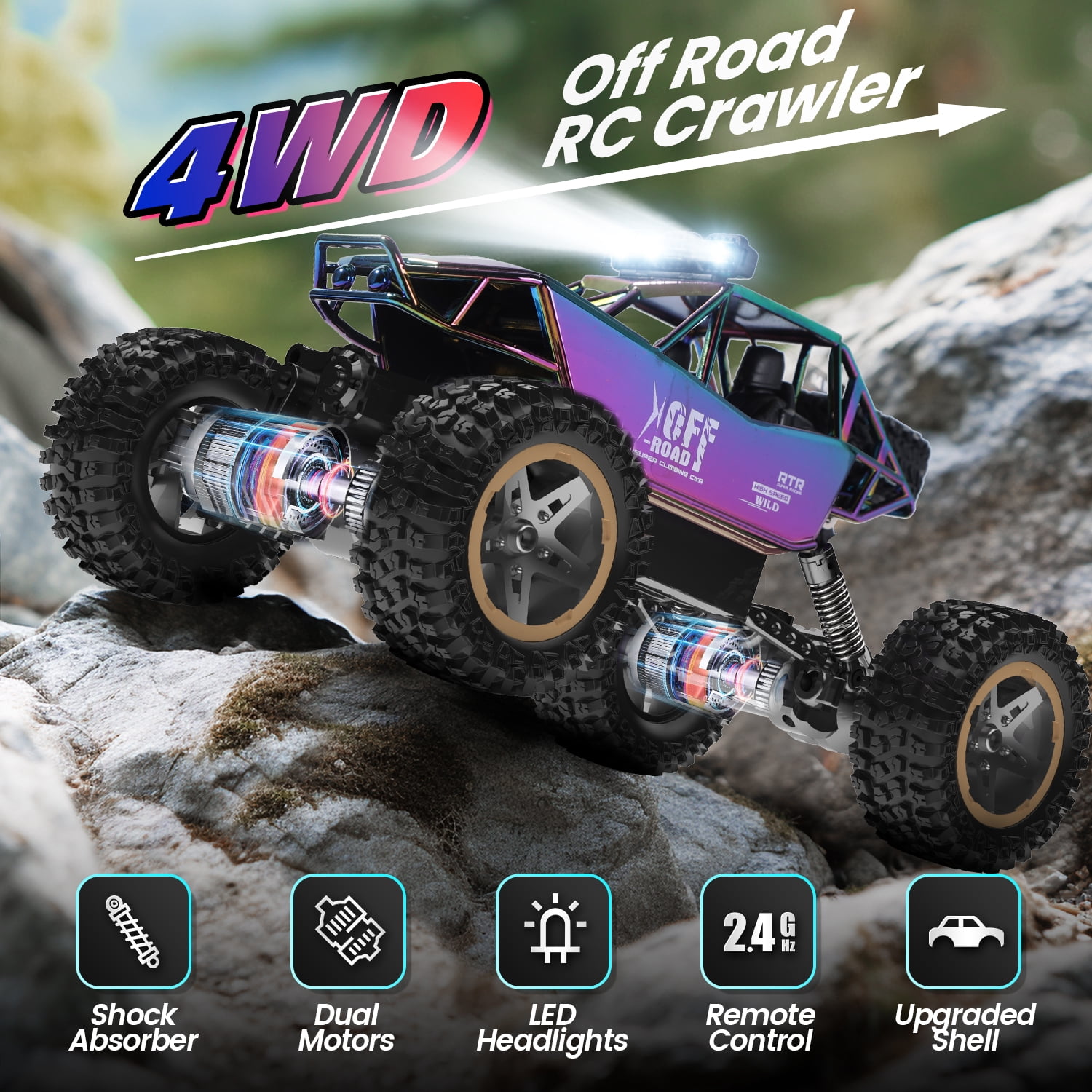 JoyStone 4WD RC Cars, 1:16 Off Road Monster Truck with LED Headlight Rock Crawler, 2 Batteries for 70+ Min Play, Gift Toys for Girls Kids Boys (Green & Purple)