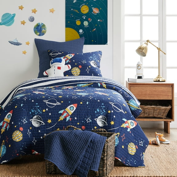Levtex Home - Galaxy Quilt Set - Kids Twin/Twin XL Quilt and One Standard Sham - Space - Navy, Red, Yellow and White - Quilt (66x86in.) and Sham (20x26in.) - Reversible - Cotton