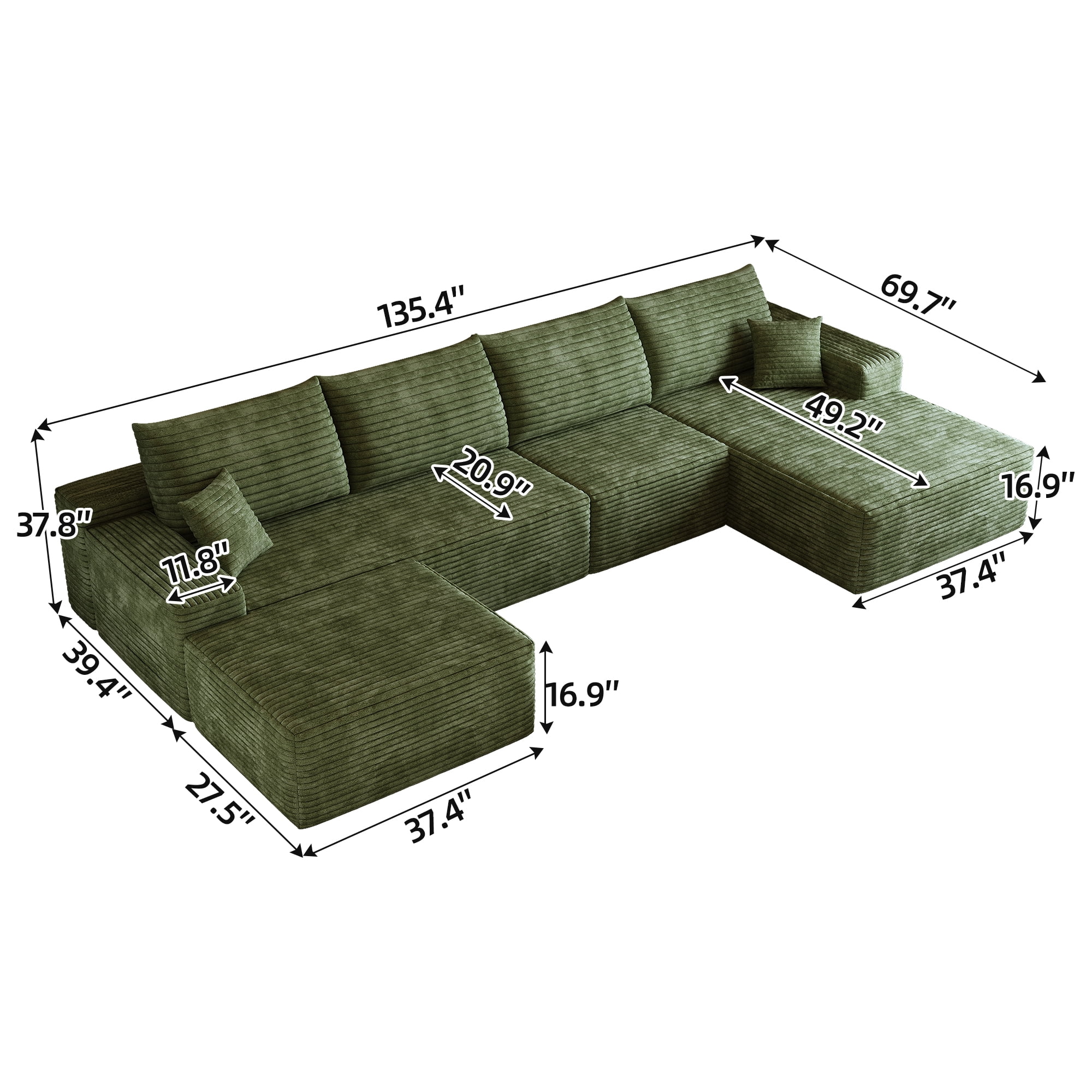 MAYEERTY 135" Cloud Sectional Sofa with 1 Ottoman, Modern Minimalist U-Shaped Deep Seat Couch, No Assembly Plush Corduroy Fabric, Green (4 packages)
