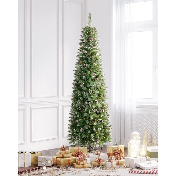 OasisCraft Flocked Pencil Christmas Tree Pre-lit, 6ft Hinged Artificial Snow Christmas Tree with Pine Cones, Skinny Xmas Tree with 250 Pre-Strung Lights for Holiday Decor Indoor & Outdoor