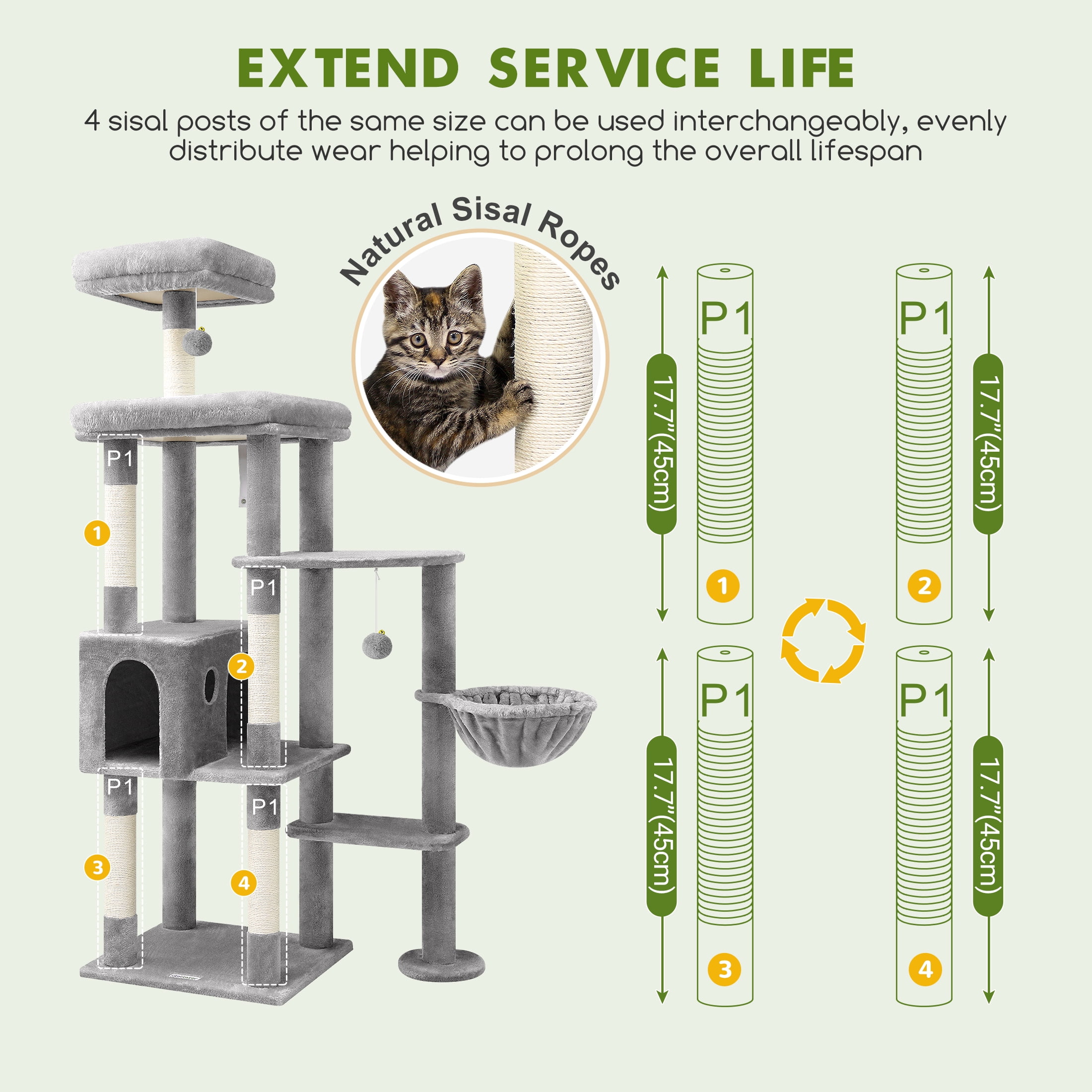 CT66F Extra Large Cat Tree | 65" Tall Indoor Cat Tower for Large Adults, Featuring 5 Scratching Posts, 2 Perches, Spacious Condo, and Hanging Basket in Light Grey