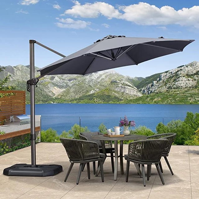 PURPLE LEAF Parasol Déporté Rond de 10 Pi pour Terrasse Extérieure, Grand Parasol Suspendu, Parasol en Aluminium avec Rotation à 360°, Parasol de Jardin et de Piscine Ajustable, Gris