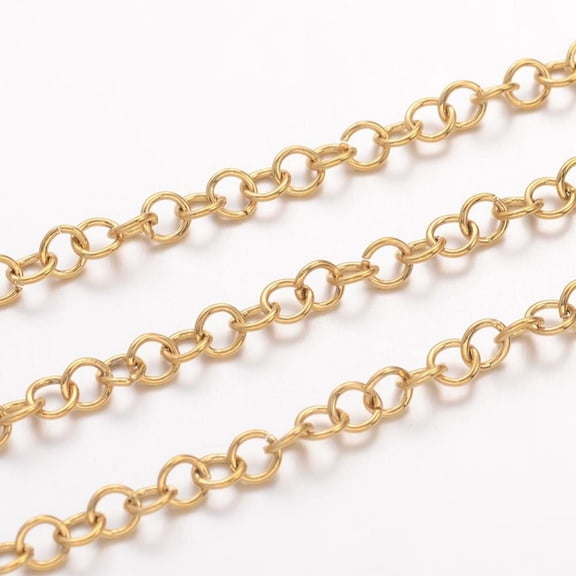 Ion Plating(IP) 304 Stainless Steel Chains Belcher Chain Unwelded with Spool Twisted Golden 3.5x0.6mm about 32.8 Feet(10m)/roll