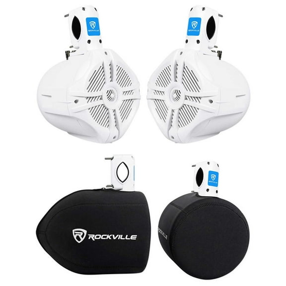 Pair Rockville RWB65W 6.5" White 250 Watt Marine Wakeboard Tower Speakers Covers