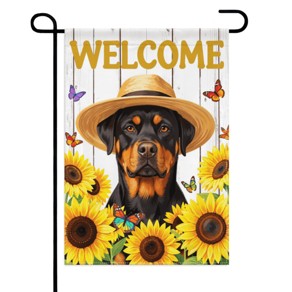 Welcome Rottweiler Summer Sunflower Butterfly Garden Flag 12×18in Double Sided Linen Polyester Colorful Weatherproof Decor For House Home Outdoor Seasonal Yard