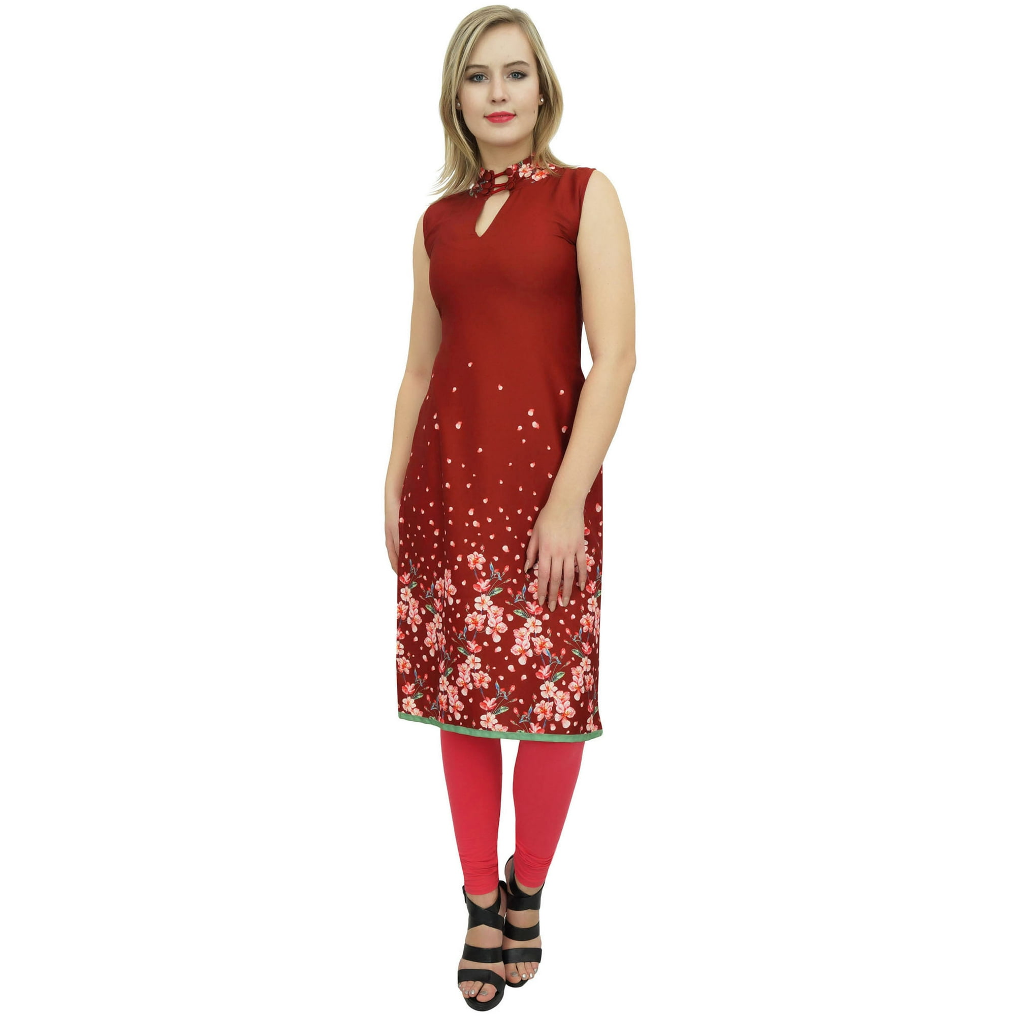 Bimba Women's Floral Print Designer Kurta - Moss Georgette Tunic With Embellished Neckline