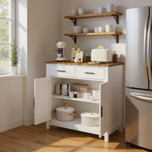 Homy Casa Farmhouse Storage Cabinet with 2 Drawers and Double Doors, Buffet Sideboard for Kitchen, White