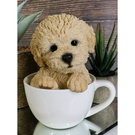 Realistic Brown Poodle Puppy Teacup Statue Pet Pal Dog Figurine With Glass Eyes
