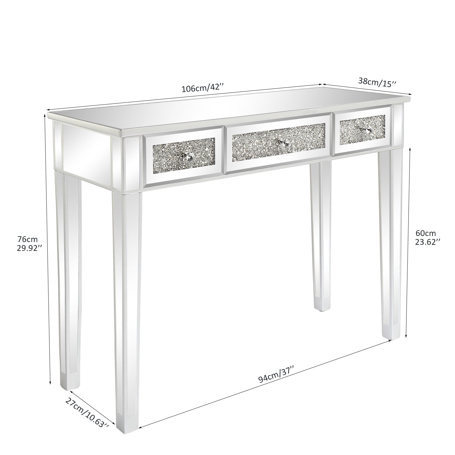 Astoutdoor 3-Drawer Mirrored Desk, Silver, 42 x 15 x 29.9 in