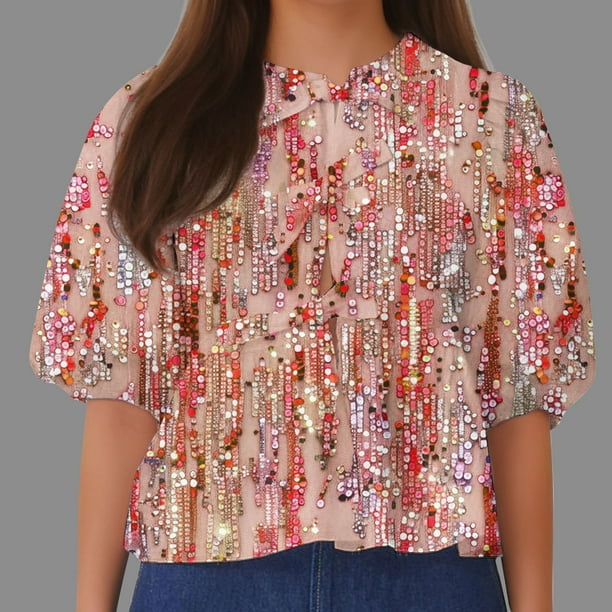 Fiudx Tops para Mujer Top de Camiseta con Cuello Redondo y Manga Farol Plisada con Lazo para Mujer