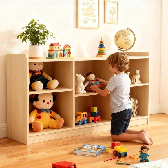 BeesClover Montessori Shelf, 6 Compartment Toy & Book Organizer with Adjustable Dividers, Natural Finish Kids' Bookcase for Playrooms & Classrooms