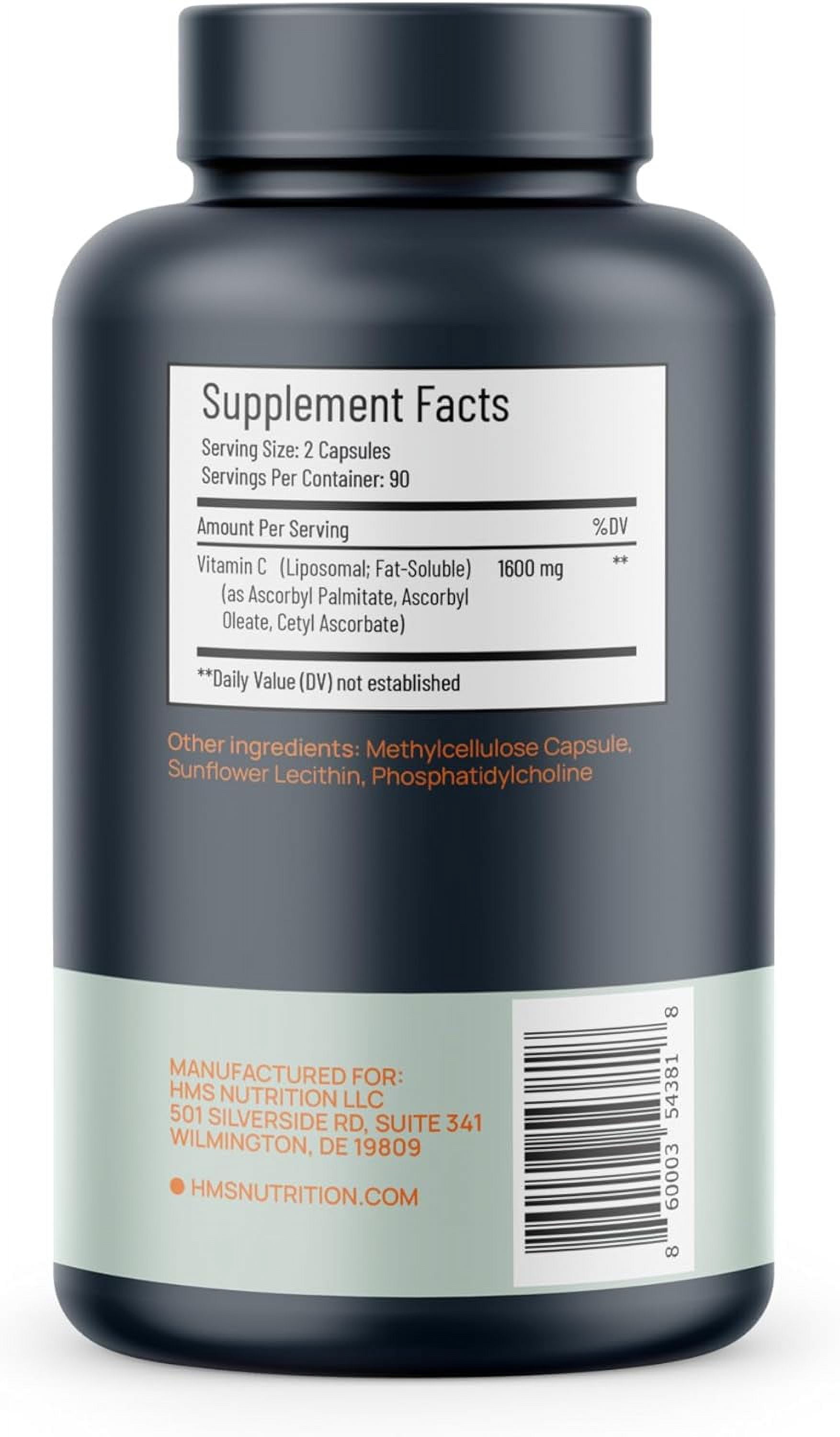 HMS Nutrition 1600mg Liposomal Vitamin C, High Absorption Immune Support, 180 Capsules, Non-GMO