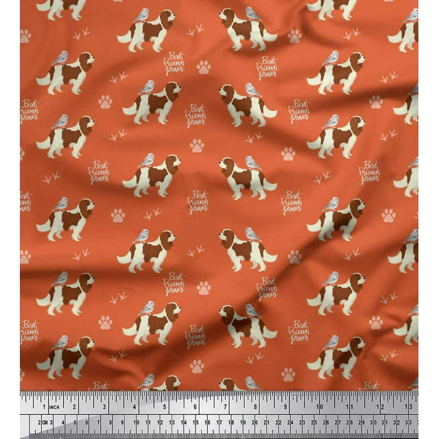 Soimoi Orange Rayon Fabric Bird,Paw & Cocker Spaniel Dog Printed Craft Fabric by the Yard 56 Inch Wide