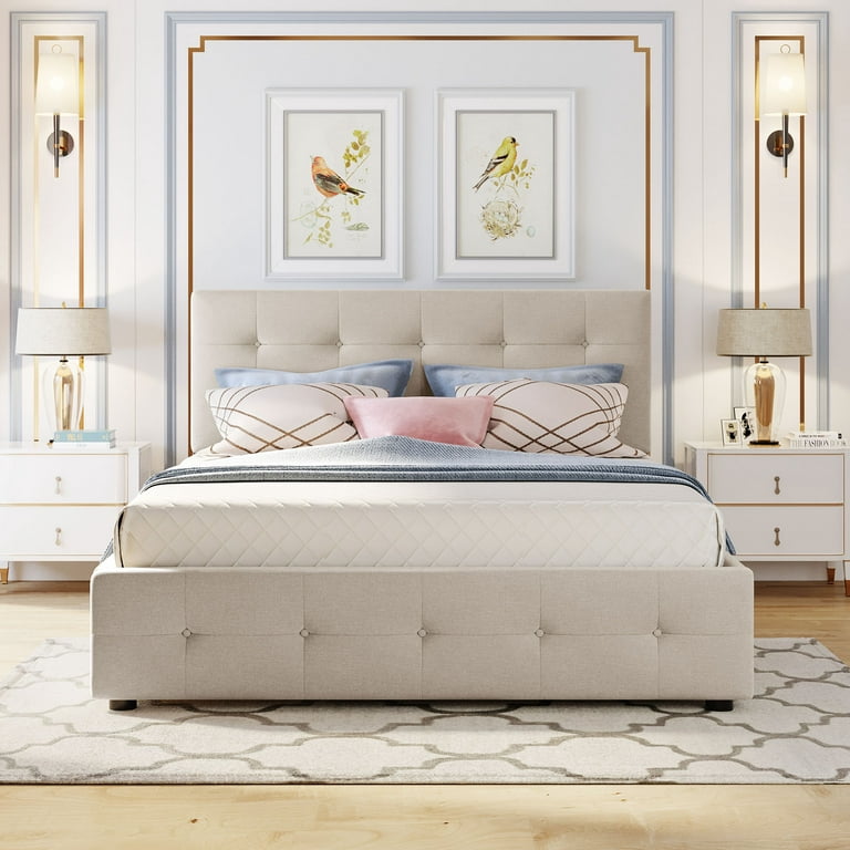 Upholstered Platform Bed, Queen Size Platform Bed Frame with 2 Drawers and  1 Twin XL Trundle, Bedroom Queen Bed with Tufted Headboard, Bedroom Storage