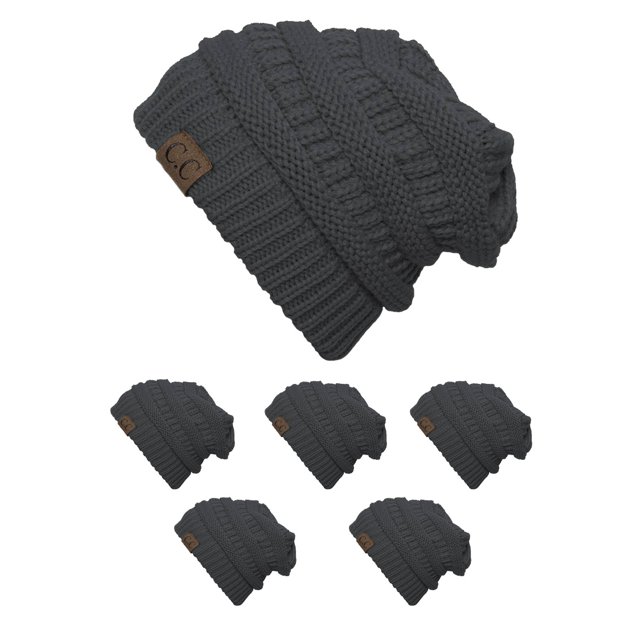 CC Slouch Thick Knit Beanie, Dark Melange Grey ( 6 pack )
