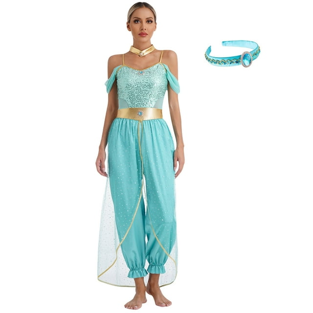 iiniim Costume de Danse du Ventre pour Femmes Sans Manches à Sequins avec Serre-Tête Orné de Gemmes et Col Ras du Cou Turquoise TTG