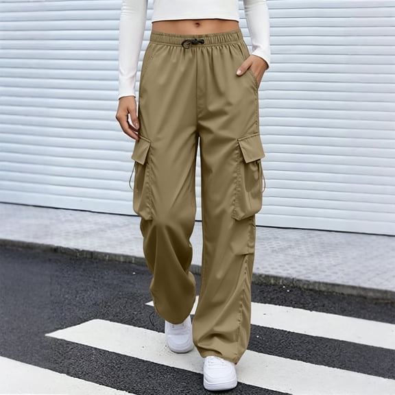 Inglocry Parachute Cargo Pants Women Elastic Waisted Quick Dry Lightweight Baggy Hiking Pants with Pockets Water Resistant Khaki L