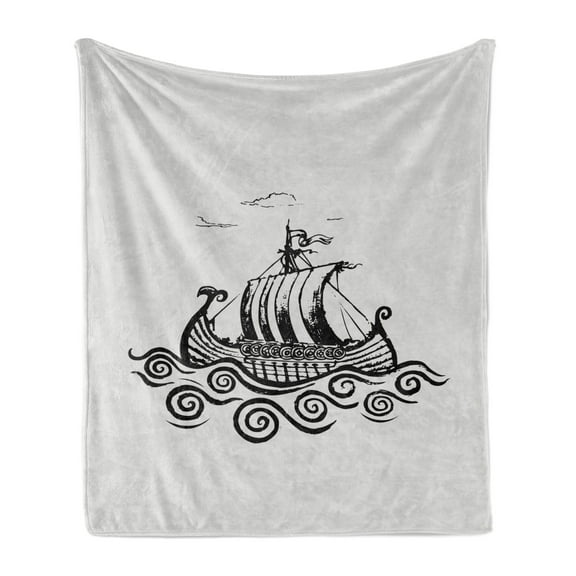 Viking Soft Flannel Fleece Throw Blanket, Hand Drawn Ship on Whirlpool Look Waves Greyscale Design Print, Cozy Plush for Indoor and Outdoor Use, 60" x 80", Pale Grey Charcoal Grey, by Ambesonne
