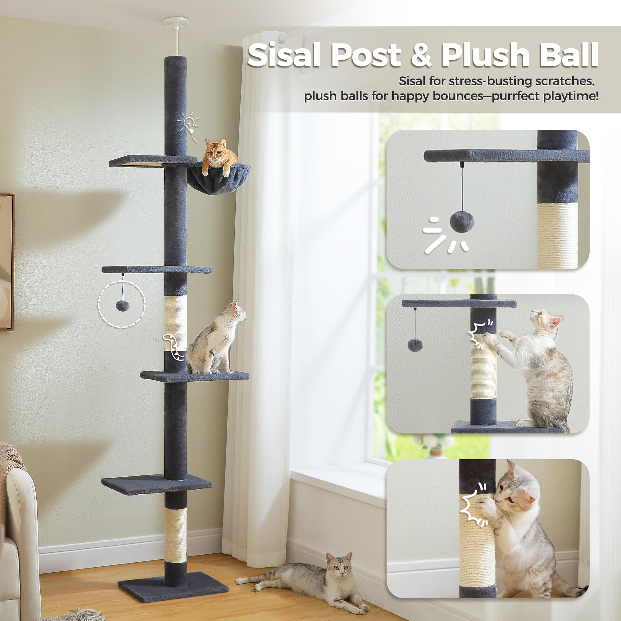 PAWZ Road 5-Level Cat Tree Cactus Style Floor to Ceiling Tower for Indoor Small Cats, Gray