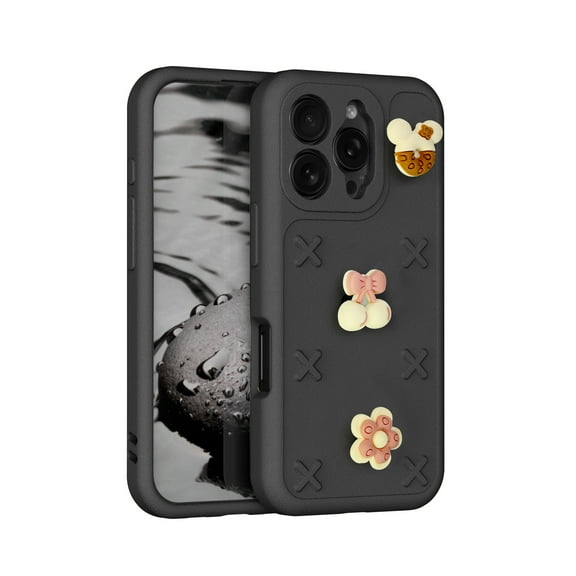 Allytechgroup Kids Case for iPhone 16 Pro Max, Cute EVA Foam Cover with 3D Cartoon Charms, Shockproof Soft TPU Protective Case for Girls Boys Slim Anti-Scratch Bumper for iPhone 16 Pro Max, Black