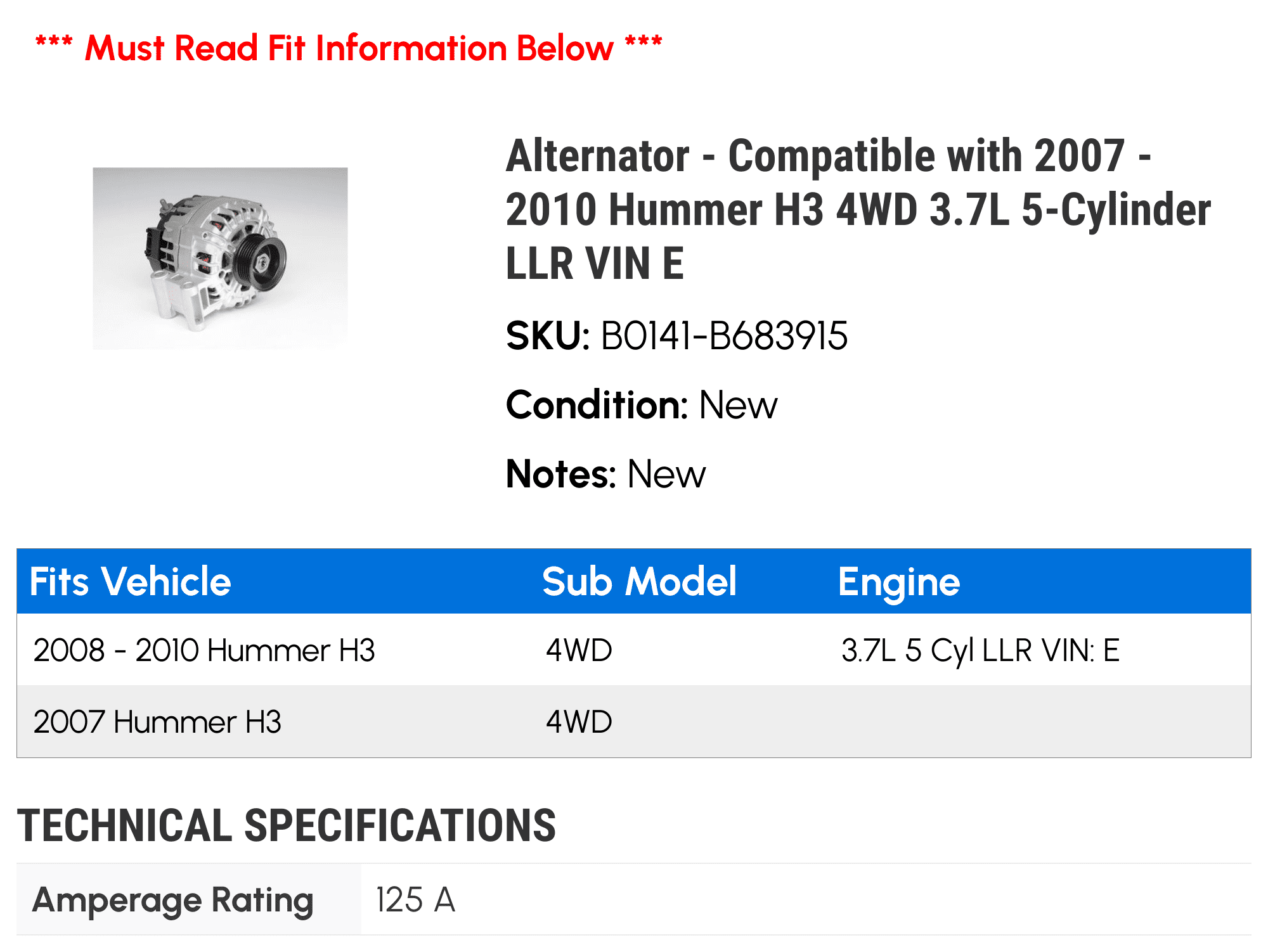 Alternator - Compatible with 2007 - 2010 Hummer H3 4WD 3.7L 5-Cylinder LLR VIN E 2008 2009