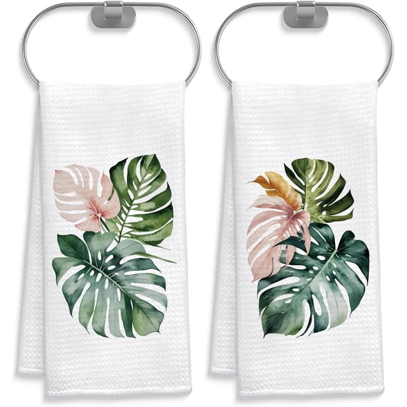 Set of 2 Tropical Monstera Leaf Kitchen Towels Green Jungle Palm Leaf Tropical Hand Towels for Bathroom Kitchen Decor, Green and Pink Botanical Dish Tea Towels, 16x24 Inches