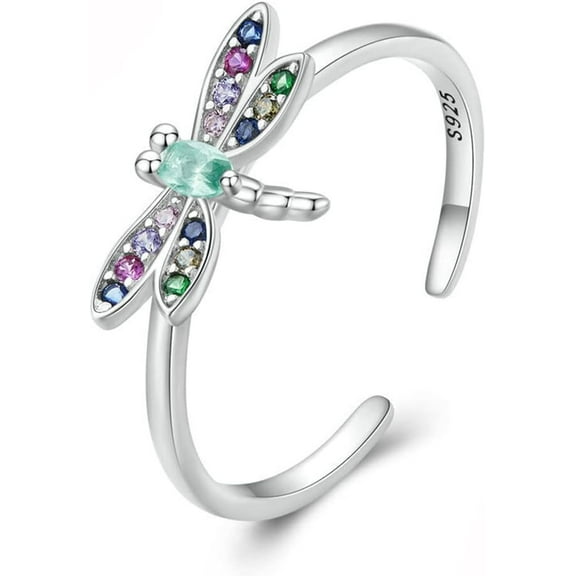 Cute Dragonfly Adjustable Ring 925 Sterling Silver Colorful Cubic Zirconia Stackable Open Finger Band Rings Promise Statement Daughter Birthday Valentine's Day Jewelry Gifts for Women Girlfriend