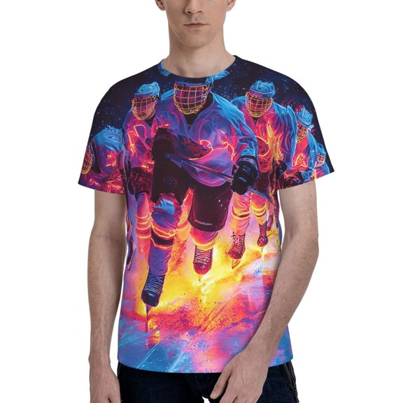 Men's 3D Graphic T Shirts Casual Short Sleeve Tee Top, Hockey Players Hippie Neon