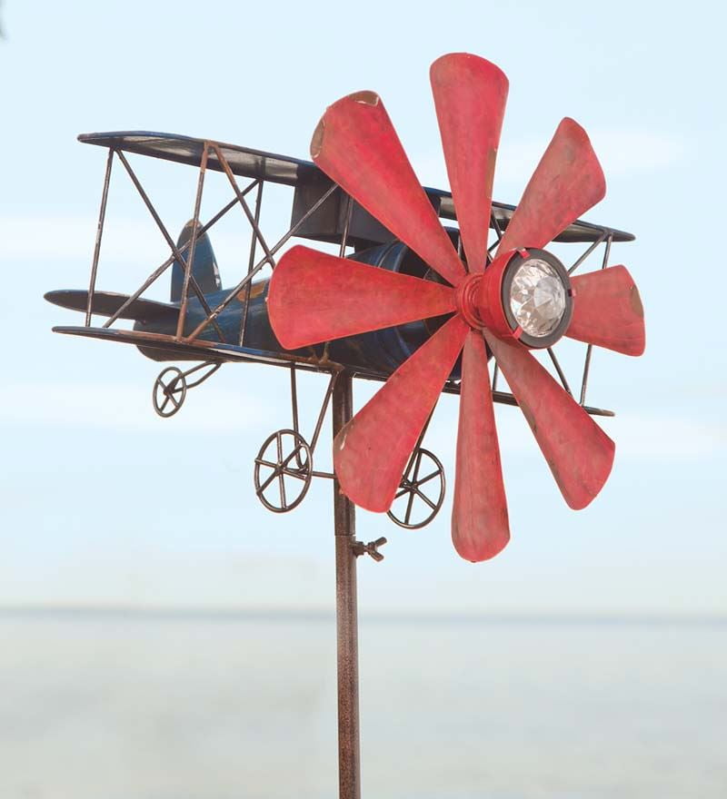 Wind & Weather Biplane Metal Wind Spinner w Solar LED Headlight by Problem Solvers
