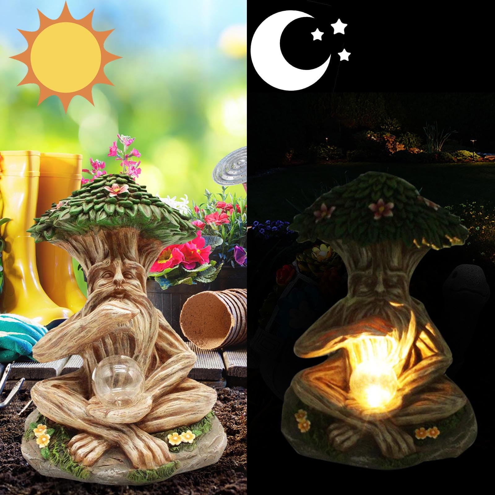 LED Garden Decor, Green Resin Ornament Sculpture, Weather-Resistant Indoor Outdoor Home Decoration with Soft Night Light