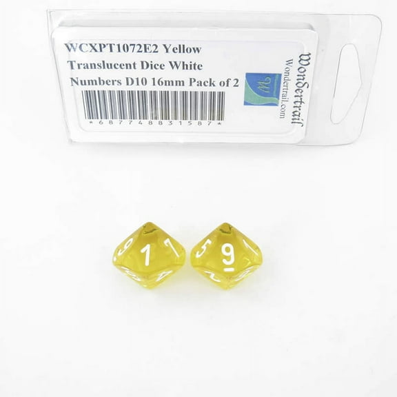 Yellow Translucent Dice with White Numbers D10 Aprox 16mm (5/8in) Pack of 2 Wondertrail