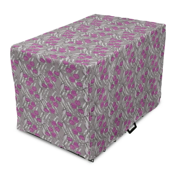 Floral Dog Crate Cover, Shabby Swirly Flower Bouquets Curly Branches Flourishing Fragrance Petals, Easy to Use Pet Kennel Cover Small Dogs Puppies Kittens, 7 Sizes, Fuchsia Taupe Grey, by Ambesonne