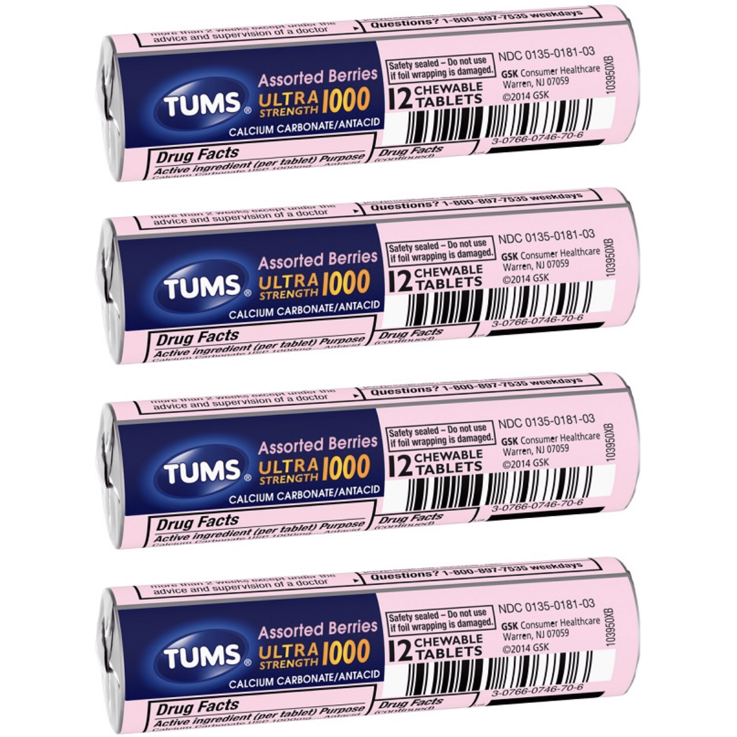 Tums Ultra Strength 1000 Assorted Berries Antacid Chewable Tablets for Heartburn Relief, 12 Tablets Each Roll,(4 Pack)